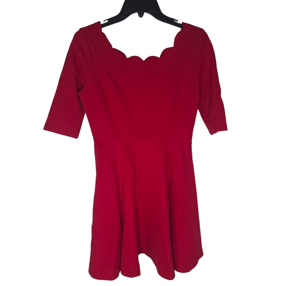 Lulus Red Scalloped Neckline Elbow Sleeve Skater Dress Medium Fit and Flare
